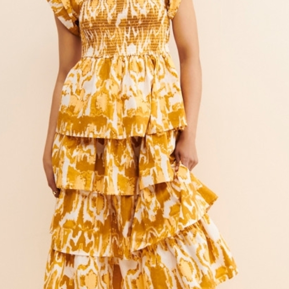 Cleobella Samantha Midi Dress Ruffle Tiered 100% Cotton Yellow Print Size XL - Picture 2 of 9